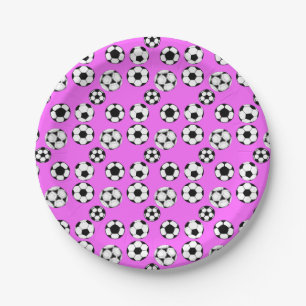 Kids football theme party soccer balls hot pink paper plate