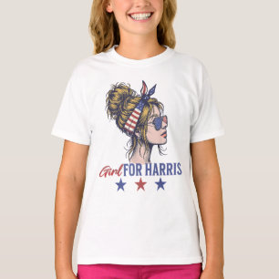 Kids For Harris 2024 President Girls Messy Bun T-Shirt