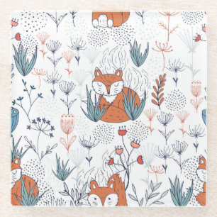Kid's forest illustration, foxes and flowers. glass coaster