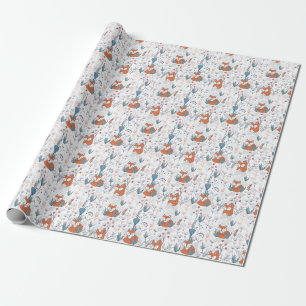 Kid's forest illustration, foxes and flowers. wrapping paper