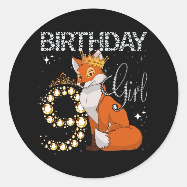 Kids Fox Animal Lovers 9th Birthday Girl Fox B-day Classic Round Sticker (Front)