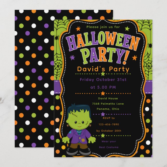 Kids Frankenstein Halloween Party Invitation (Front/Back)