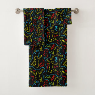 Kids Fun Jump Play Outline Neon Black Kids Bath Towel Set