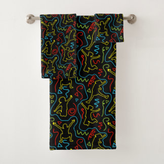 Kids Fun Jump Play Outline Neon Black Kids Bath Towel Set