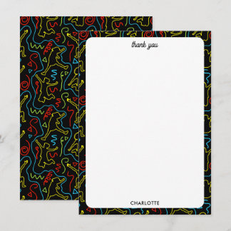 Kids Fun Jump Play Outline Neon Black Party Thank You Card