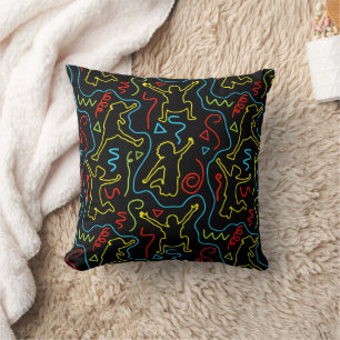 Kids Fun Jump Play Outline Neon Black Pattern Cushion