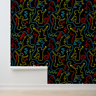 Kids Fun Jump Play Outline Neon Black Pattern Wallpaper