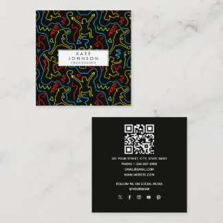 Kids Fun Jump Play Outline Neon Black QR Code Square Business Card