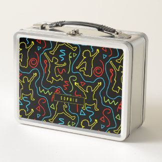 Kids Fun Jump Play Outline Neon Black School Metal Lunch Box
