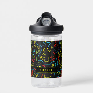 Kids Fun Jump Play Outline Neon Black School Water Bottle