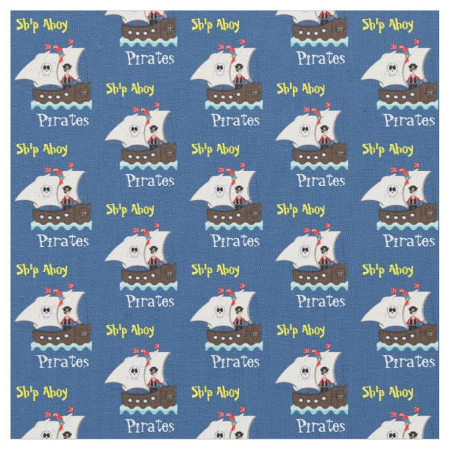 Kids Fun Pirate Ship Themed Whimsy Print Fabric (Close Up)