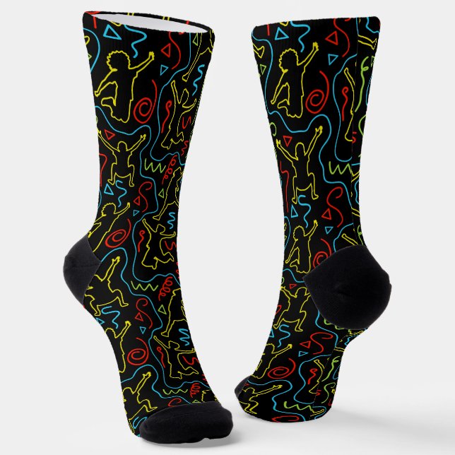Kids Fun Play Outline Neon Black Pattern Socks (Angled)
