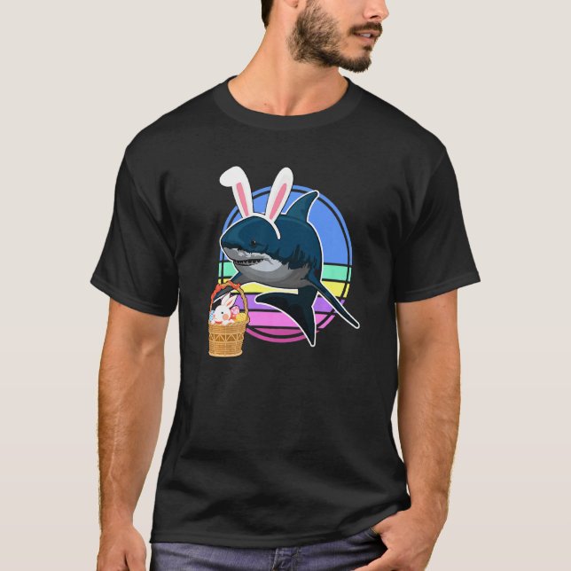Kids Funny Easter Bunny Shark With Egg Basket Retr T-Shirt (Front)