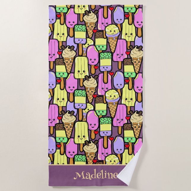 Kids Funny Kawaii Food Cartoon Characters Beach Towel (Front)