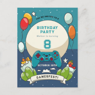 Kids gamesfest birthday invitation postcard