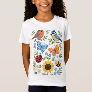 Kids Garden Mosai Cute Birds Butterflies Sunflower T-Shirt