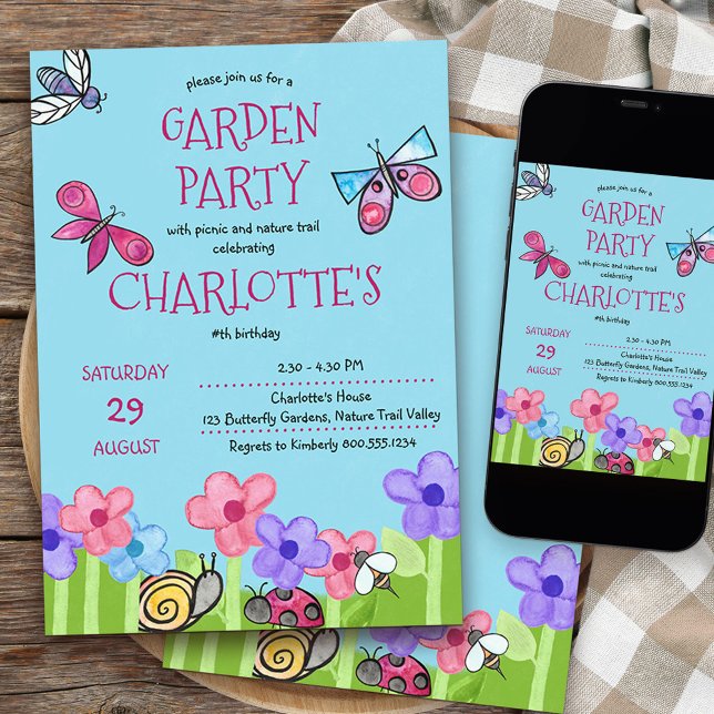 Kids Garden Party Nature Trail Cute Birthday Invitation (Garden Party kids birthday invitation with nature theme)