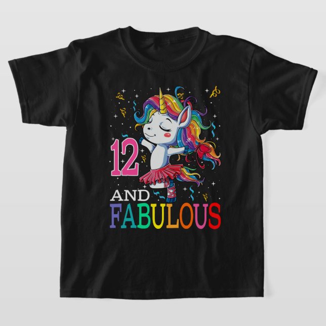 Kids Girls 12th Birthday Unicorn Fabulous 12 Years T-Shirt (Laydown)
