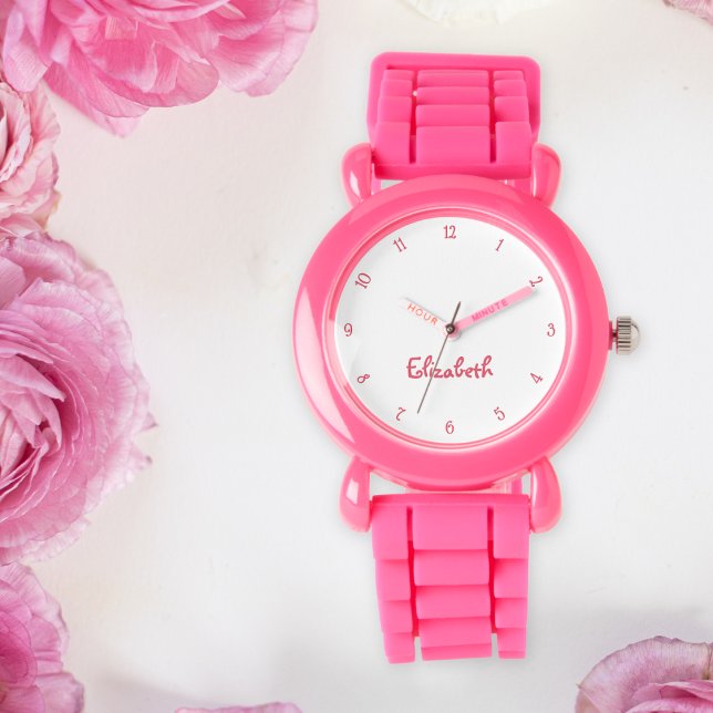 Kids Girls Modern Cute Pink Custom Name Monogram Watch (Kids Girls Modern Cute Pink Custom Name Monogram Watch)