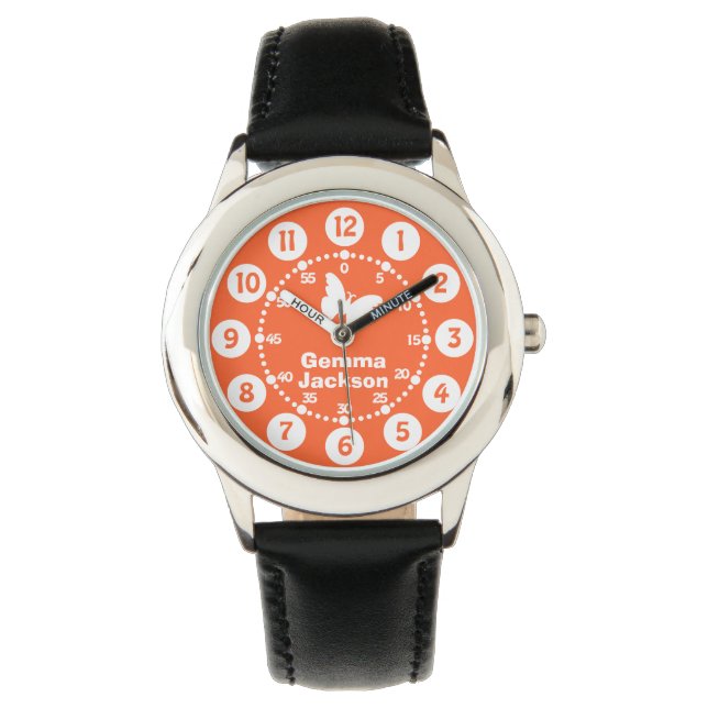 Kids girls orange & white full name wrist watch (Front)