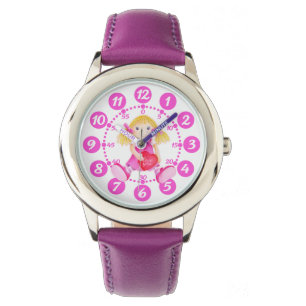 Kids girls pink, red & white doll art wrist watch