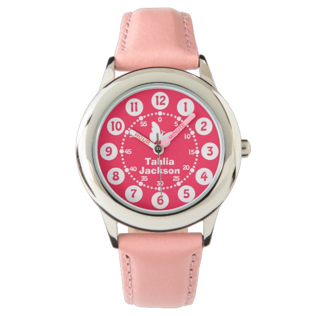 Kids girls pink & white full name wrist watch (Front)