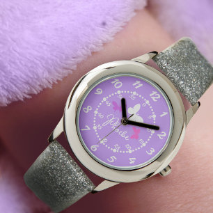Kids girls purple three butterflies and name watch