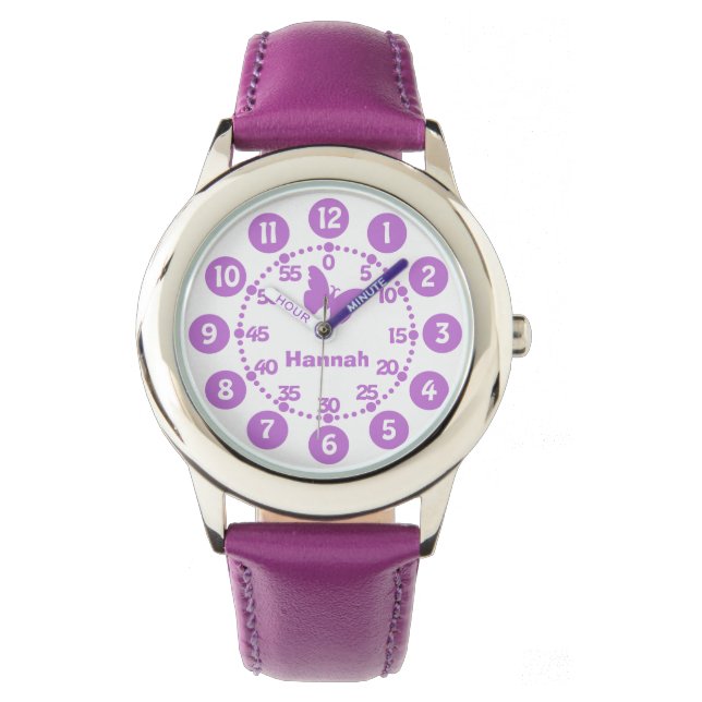 Kids girls purple & white personalised wrist watch (Front)