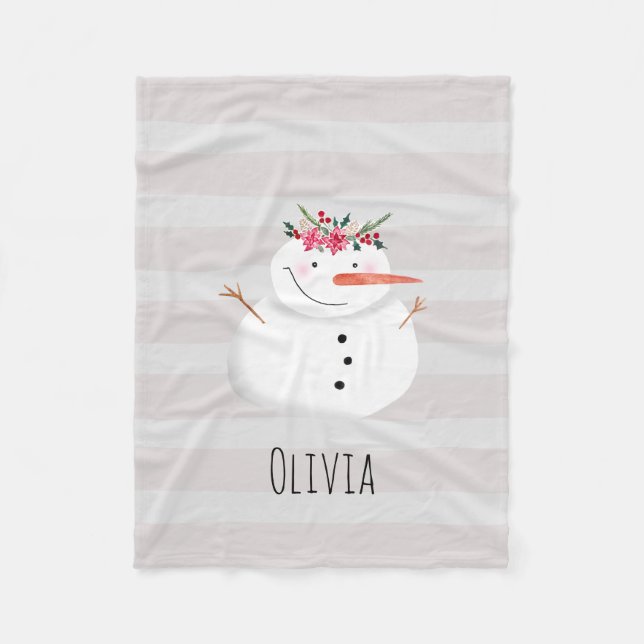 Kids Girly Christmas Flower Snowman and Name Fleece Blanket (Front)