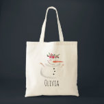 Kids Girly Christmas Flower Snowman and Name Tote Bag<br><div class="desc">This adorable kids design features a unique watercolor-style snowman wearing a Christmassy garland,  as well as space for you to personalise the tote bag using your girl's name. The perfect Christmas gift for a snowman-loving kid,  or for a new mum to use as a holiday diaper bag!</div>