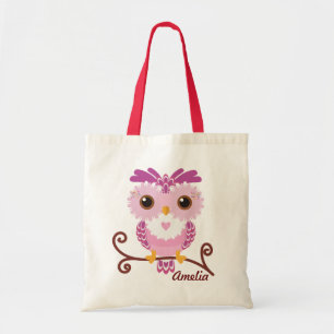 Kids Girly Pink and Purple Owl Tote Bag