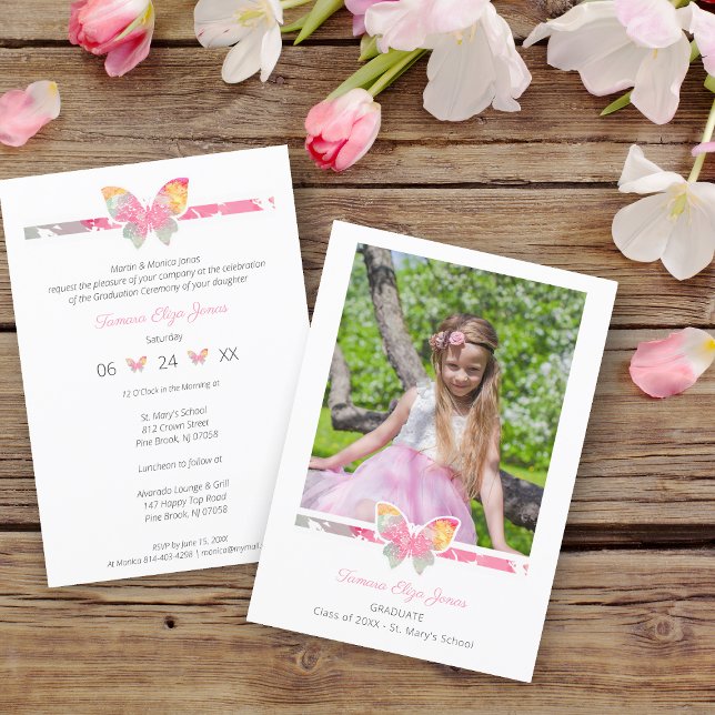 Kids Graduation Ceremony Colourful Butterfly Photo Invitation (Creator Uploaded)