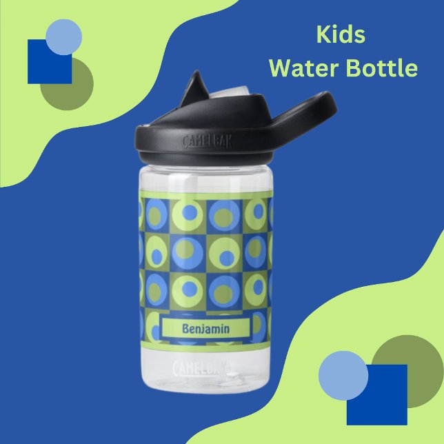 Kids Green Blue Personalised Dot Square Theme Water Bottle (Creator Uploaded)