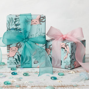 Kids Green & Blush Pink Underwater Axolotl Drawing Wrapping Paper