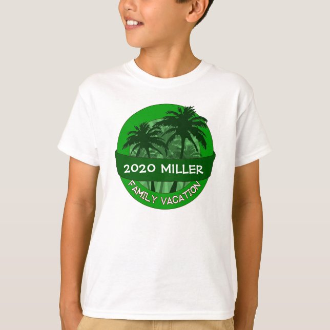 Kids green palm tree custom name vacation tshirt (Front)