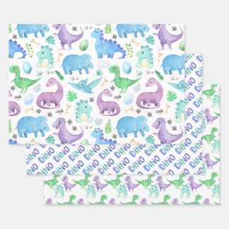 Kids' Green Purple Blue Dinosaurs  Wrapping Paper Sheet