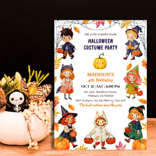 Kids Halloween 4th Birthday Party Costume Pumpkin Invitation