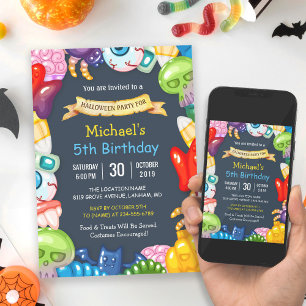 Kids Halloween Birthday Party Colourful Monsters Invitation