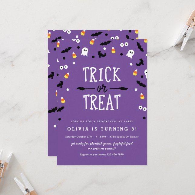 Kids Halloween Birthday Party Invitations Purple (Front/Back In Situ)