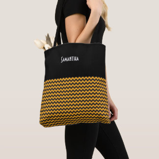 Kids Halloween Chevron Orange Black Name Tote Bag