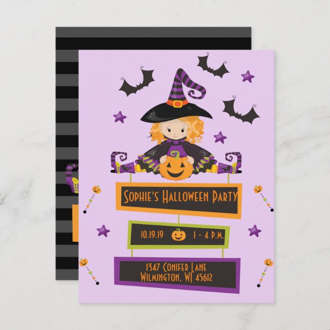 Kids Halloween Party Invitations Witch Invites (Front/Back)