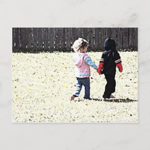 kids hand in hand walking postcard