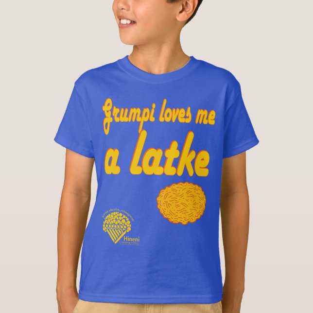 Kids' Hanukkah Shirt - "Grumpi loves me a latke" (Front)