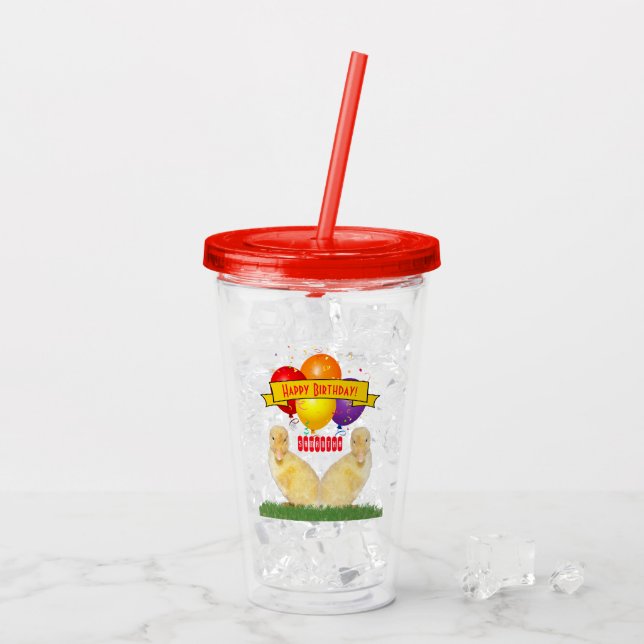 Kid's Happy Birthday Balloons Yellow Ducklings Acrylic Tumbler (Back Ice)