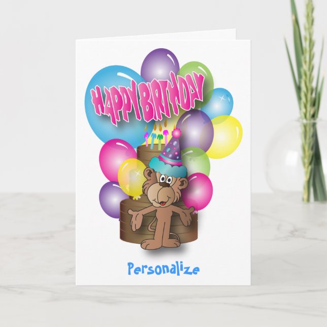 Kids Happy Birthday | Cute Monkey Card (Front)