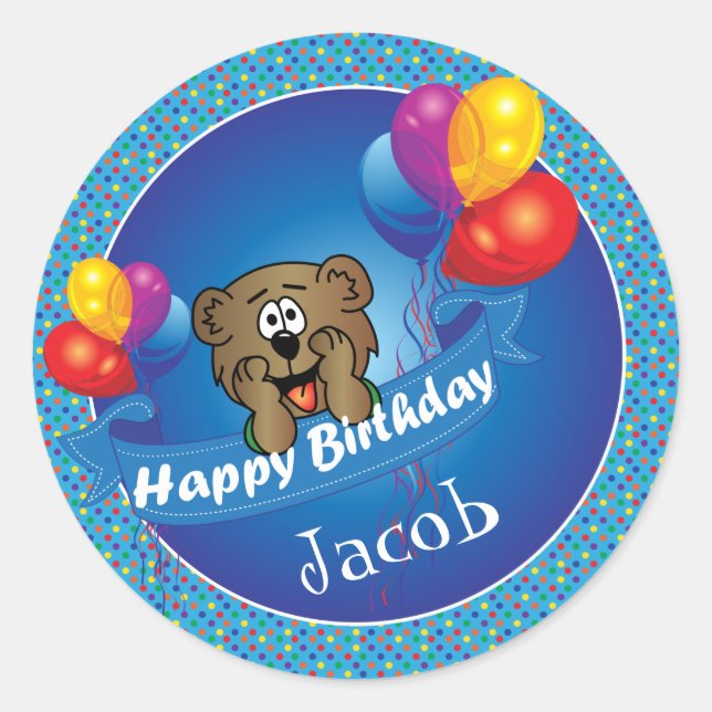 Kid's Happy Birthday Polka Dot Bear Classic Round Sticker (Front)