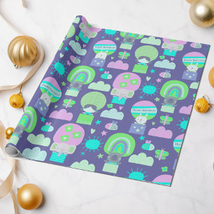 Kids Happy Birthday Purple Pink Cute Animals Wrapping Paper