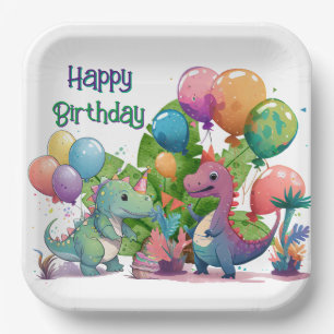 Kids Happy Dino Birthday Paper Plate