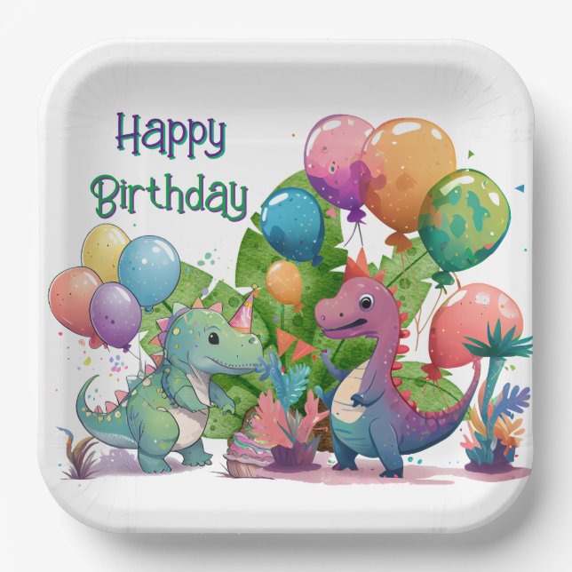 Kids Happy Dino Birthday Paper Plate (Front)