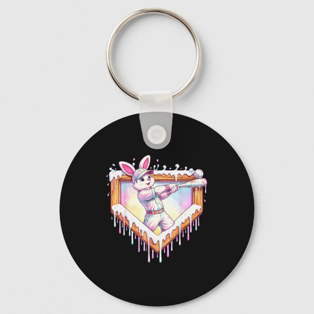 Kids happy easter bunny playing baseball boy ice key ring (Front)